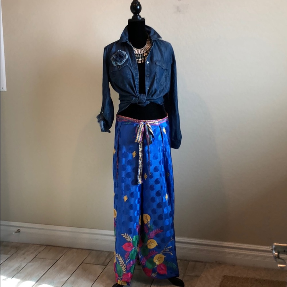 Boho Front Back Tie Wide Leg w Slit Pants